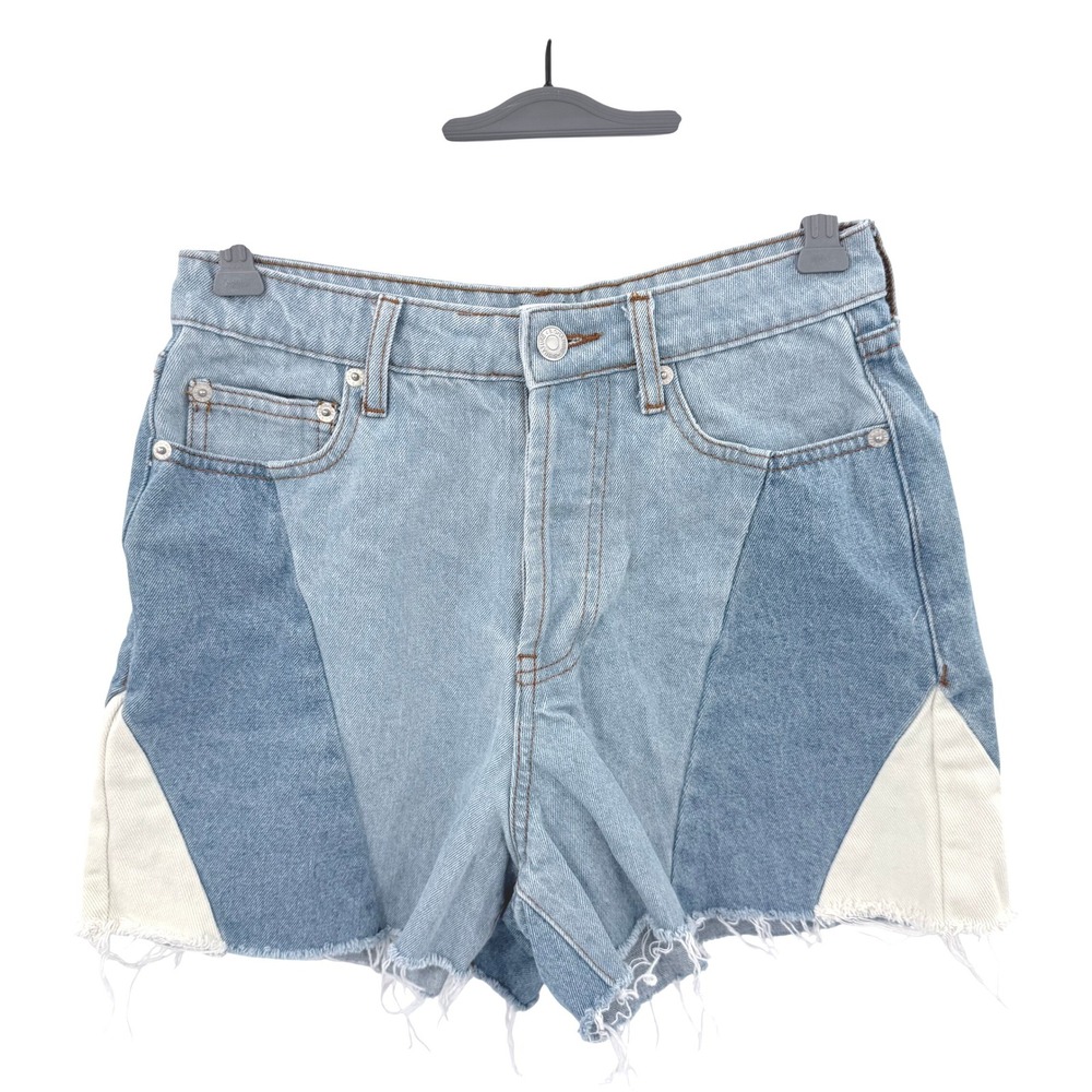 Signature 8 Womens Patchwork Denim Shorts High Rise Frayed Hem Blue Multi Size S